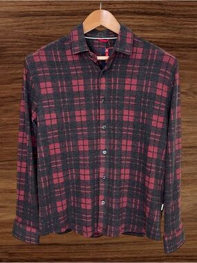 Stone Rose T Series Fleece Tech Burgundy Plaid Button Up Shirt Size Medium